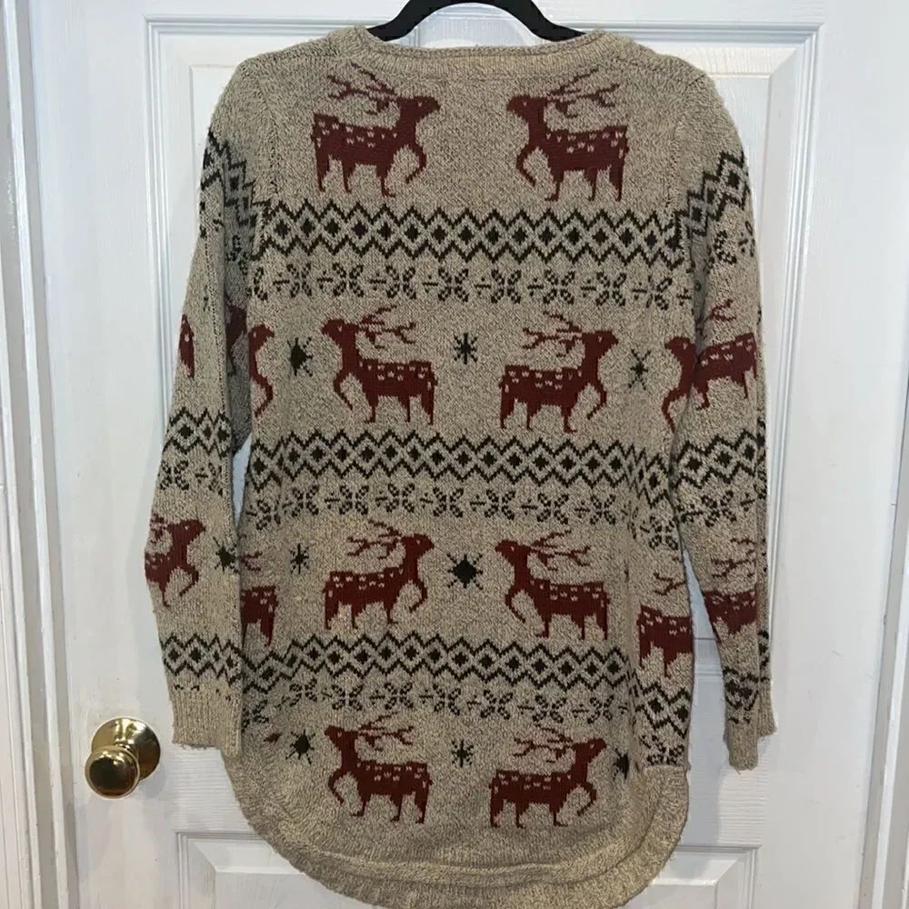 Shineflow Reindeer Patterned Knit Sweater Long Beige Red Small - Picture 10 of 13